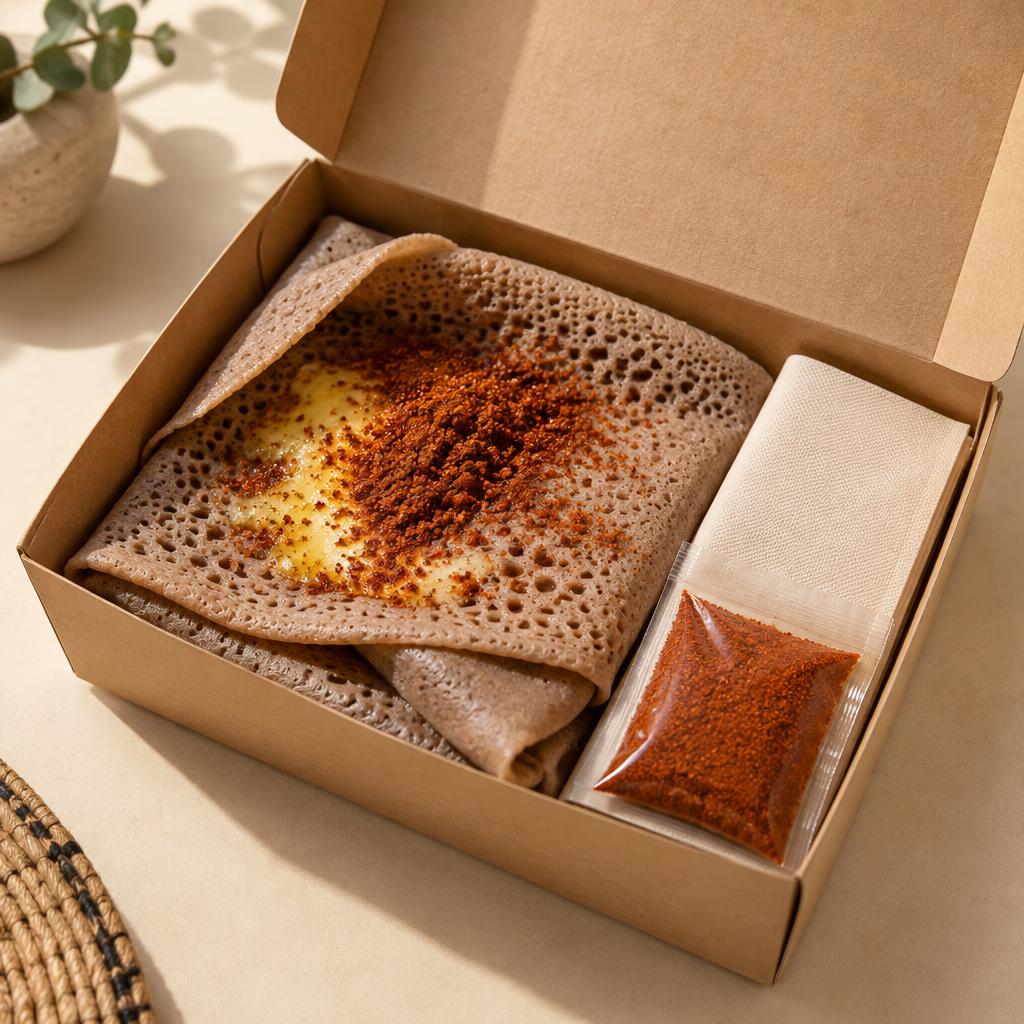 Anebabero packed in a neat takeaway box, ready to collect